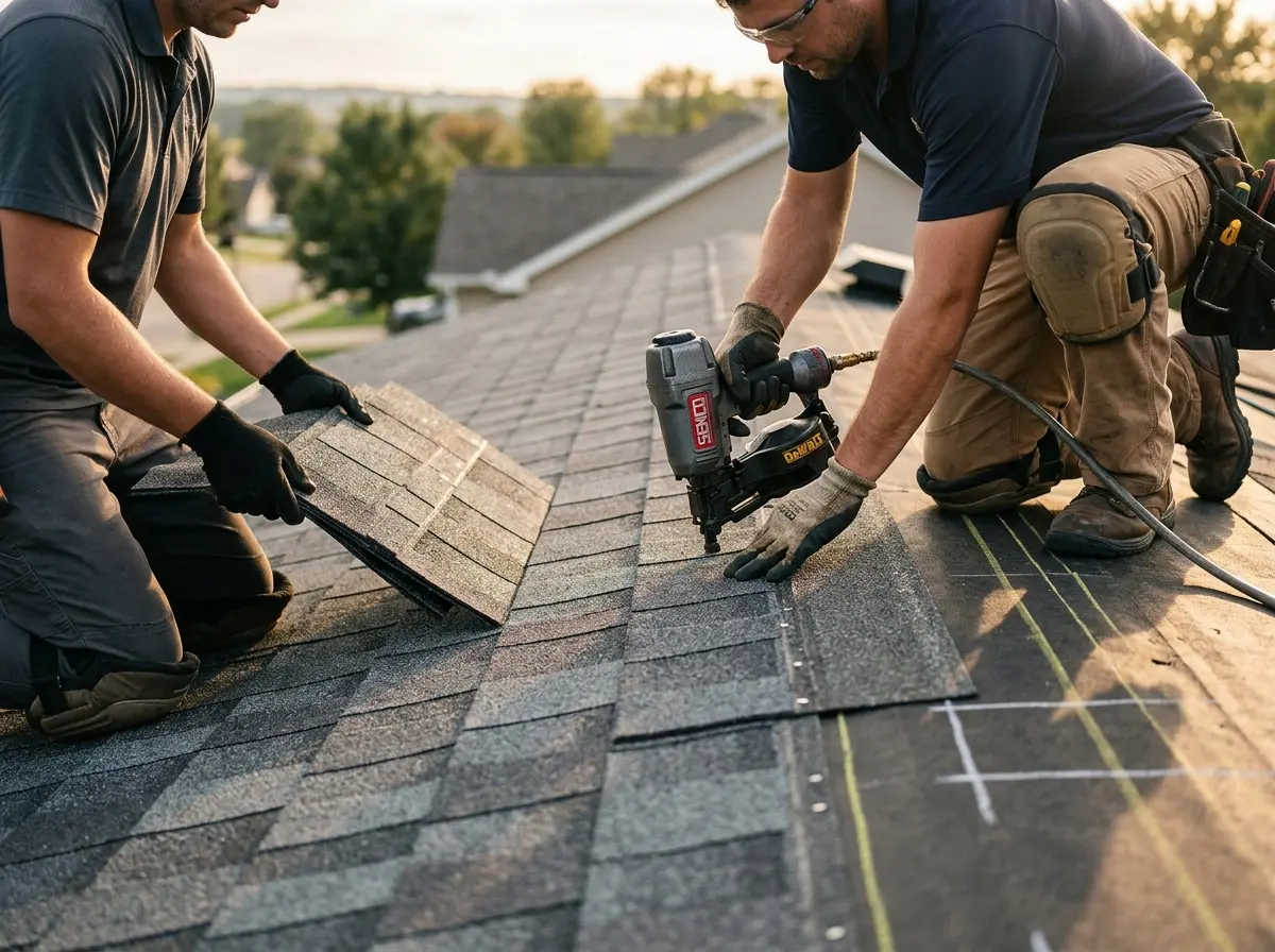 Professional roofer working on a residential roof in Ward